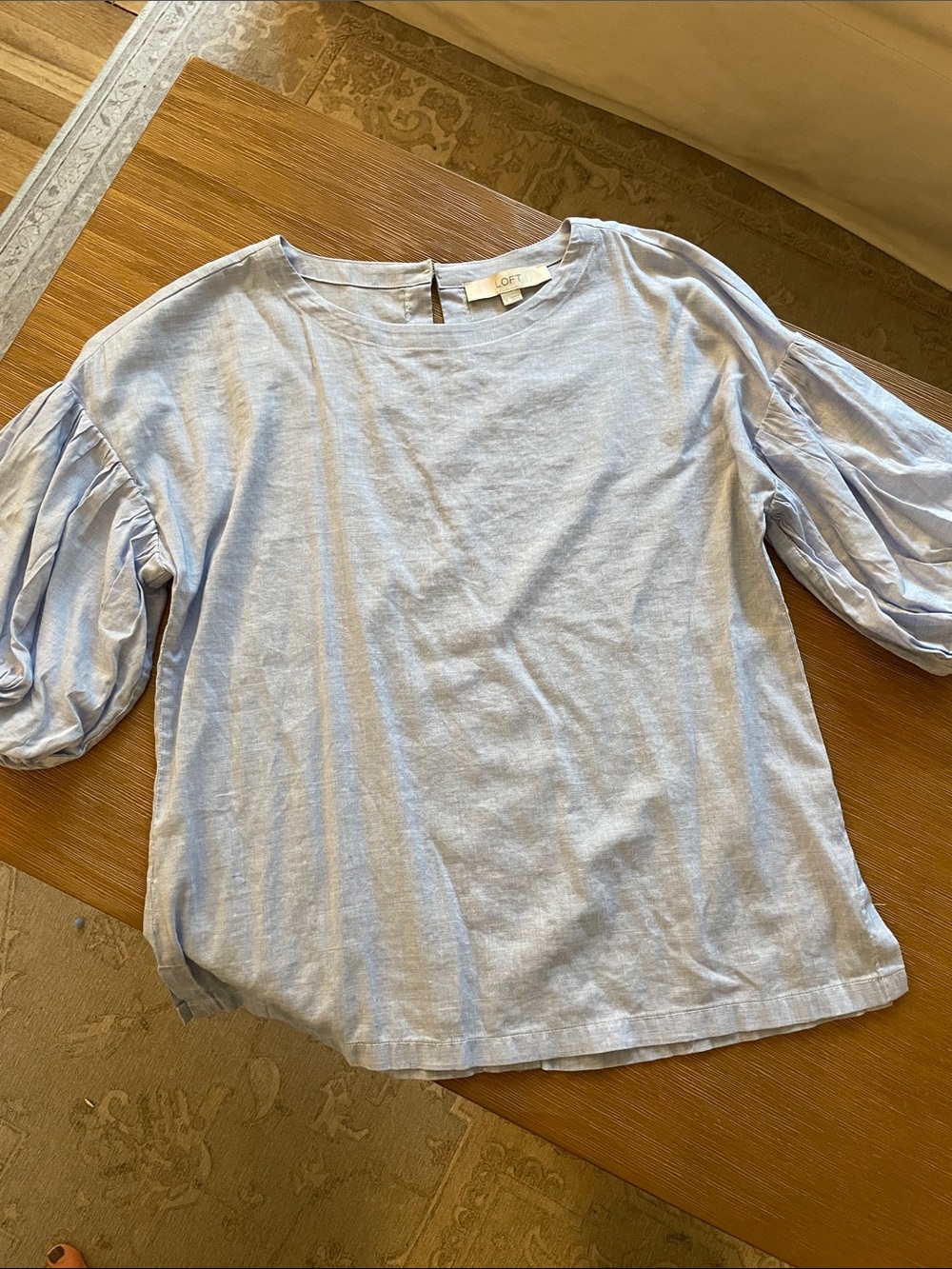 LOFT Light Blue Balloon Sleeve Cotton Blouse, Size Small